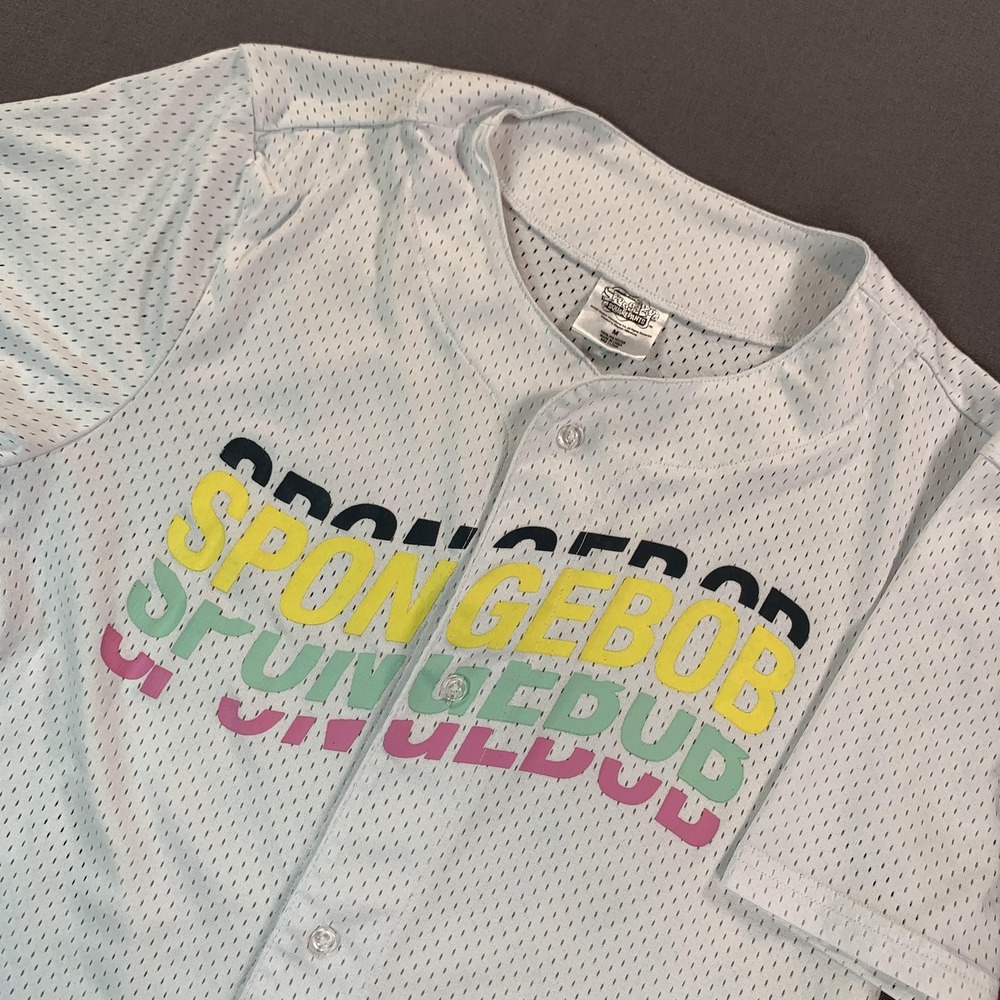 SpongeBob SquarePants Shirt Mens M White‎ Mesh Button Front Patrick Skate Jersey